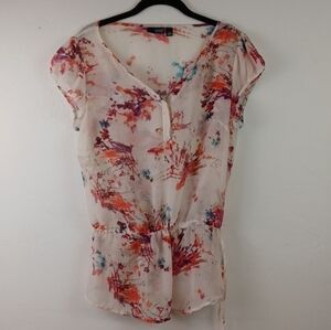 a.n.a. Sheer White Floral Drawstring-Waist Dainty Romantic Cap Sleeve Blouse (M)